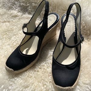 Black satin sling back wedge